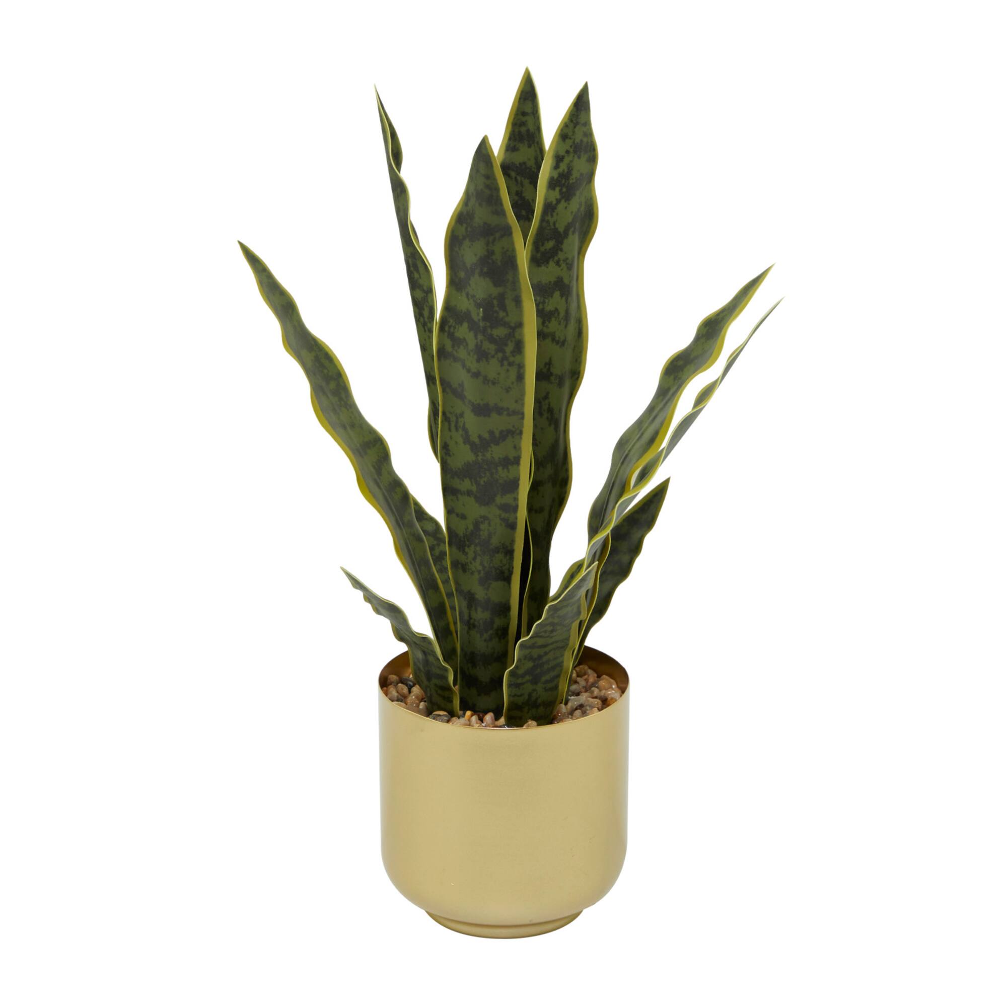 20" Green Snake Faux Foliage Artificial Plant with Gold Porcelain Pot